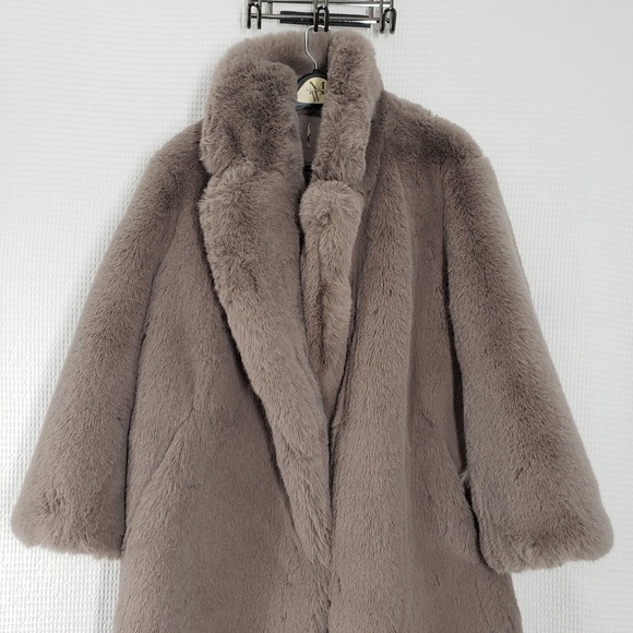 HM Fuzzy Faux Fur Long Coat Womens Large Party Gray Statement Oversized Jacket - Picture 13 of 16